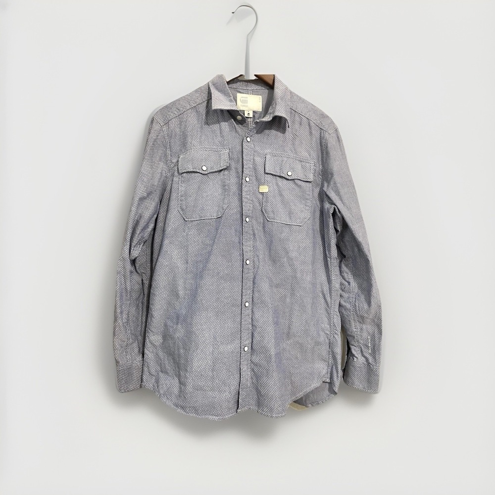G-Star Raw Landoh Shirt LS Blue White Micro Pattern Pearl Snap Mens Large D01142